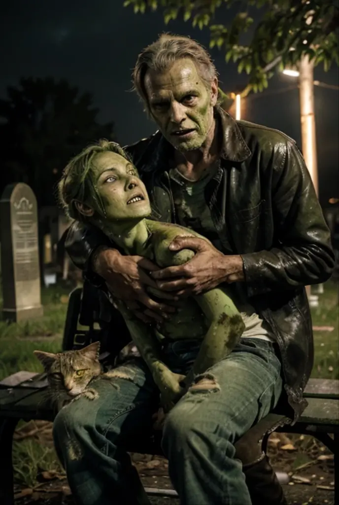 Zombie male middle-aged decay green skin tone dirty full body photo very worn clothes Playing The moment lightning strikes At the graveyard   Sitting on a bench holding a Dirty cat on his lap  Kissing the cat At night 