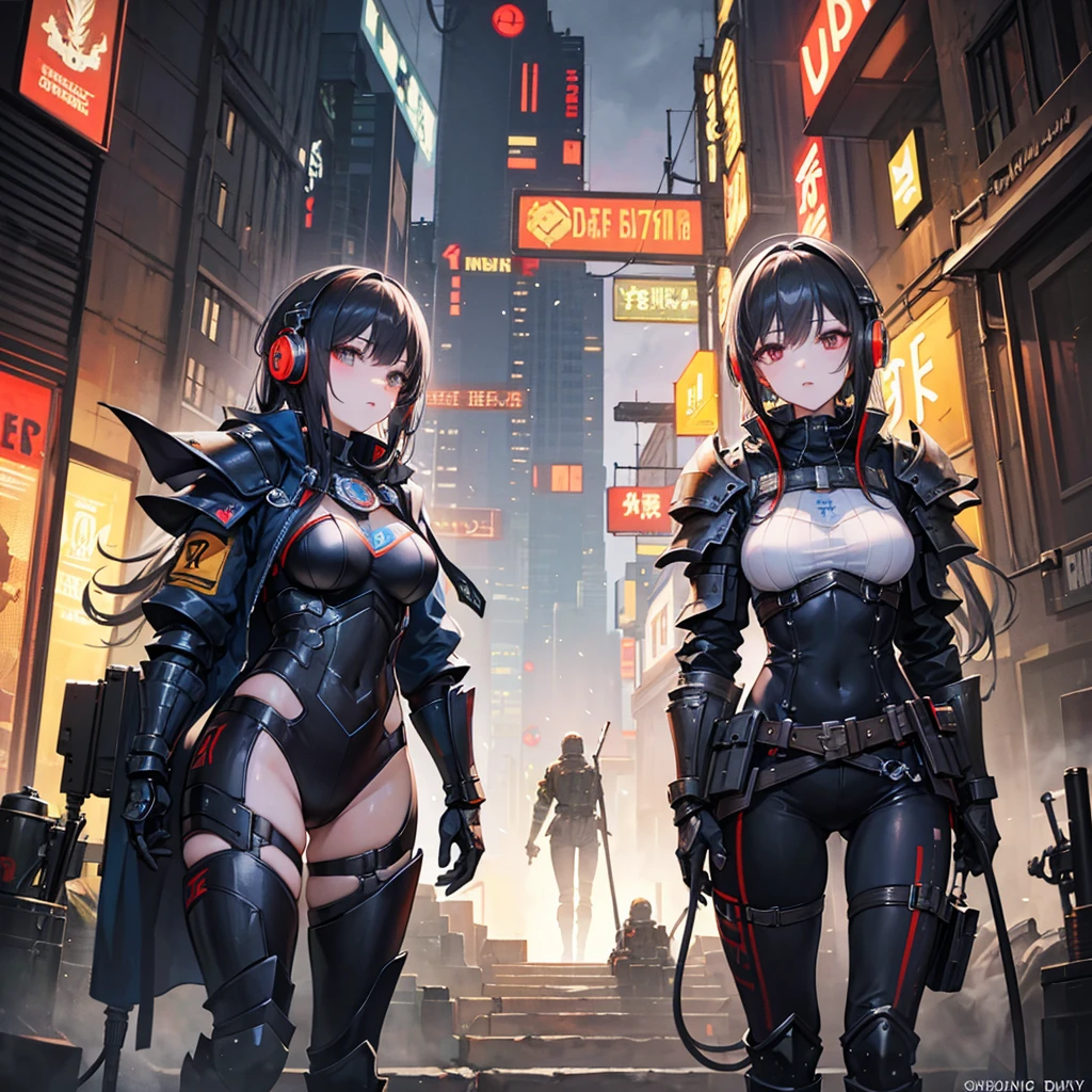 High resolution, Winner of numerous awards, Ultra high definition, Textured skin, Retina, 
masterpiece,(bestquality),highlydetailed,ultra-detailed,4girl, （Four gangster girls posing with weapons.:1.4）(gangsta paradise:1.2)（robot）(cybercitylandscape:1.2,natural lighting:1.5,confidentexpression),(Dramatic Angle:1.2)angle、（Beautiful girls in mafia suits:1.5）(Point your cyberweapon at me:1.6)