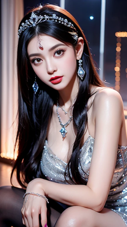 (((best quality))),(((ultra detailed))),(((masterpiece))),illustration,((A beautiful female astrologer,solo)),((slim,thin)),((small breasts,flat chest)),((shoulder length straight hair)),(laughing:1.2),(earrings,necklace),(sparkled sheer dress:1.3),standing beneath a magical summer night, stars twinkling in the velvety darkness,starry sky, sapphire eyes filled with wonder, flowing ethereal gown mimicking the stars, silver pendant shaped like a horoscope,serene smile and captivating gaze, celestial beauty and mystery, solace and inspiration in the vast expanse of the universe,((from front,upper body))
