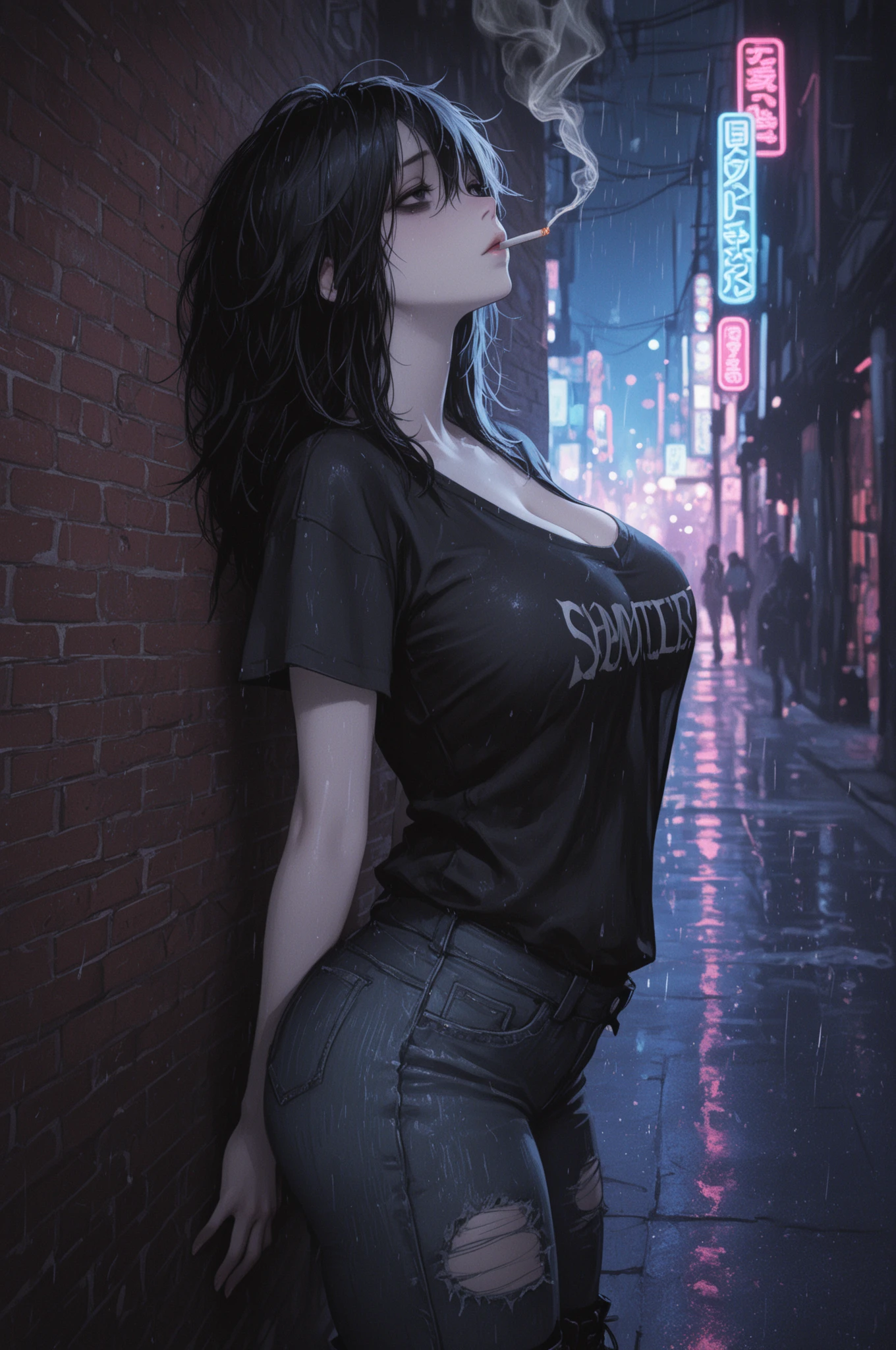(1 girl), masterpiece, photorealistic, 8 K, (realistic: 1.2), whole body, I look at the viewer, tights, purple hair, (Kafka: 1.2), to walk, beauty, (medium breast: 1.2) night, night sky, city, cityscape, rain, (dramatic: 1.2)