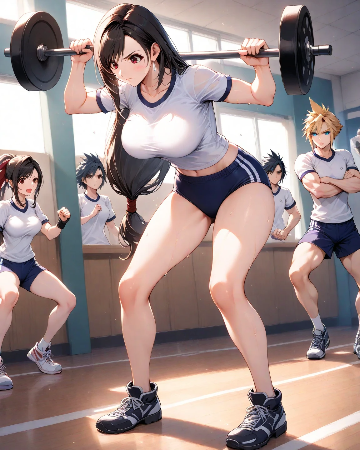 (best quality, In 4K, 8K, High resolution, muste piece:1.2),3girls,Super detailed,30 years old woman,ripe woman,Mature woman,,muster piece, Top quality, Ultra-fine,maximum resolution, Extremely detailed, sexy,beautiful eyes,((gym uniform,pantyline,huge breasts,sleeveless,groin,exercise,ponytail,exercise,wait lifting,ass,sweat)),Seductive thighs,navel,in gym