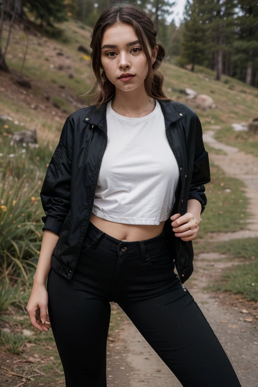 german woman, brown medium hair, brown eyes, 32 years old, the police officer, smirk, going camping, long distance shot, wearing jacket and pants