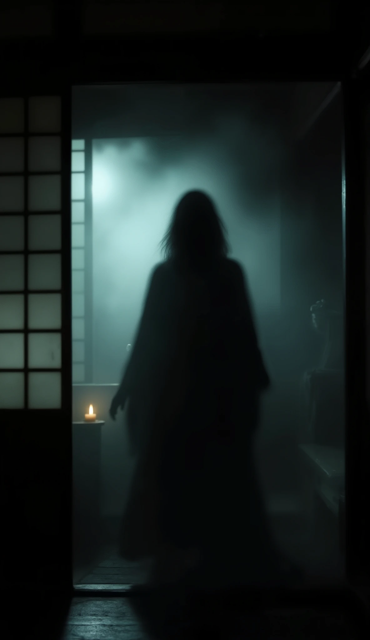 Blurry, shadowy female figure in a dark corner of a Japanese room, almost invisible, horror movie style, disturbing atmosphere