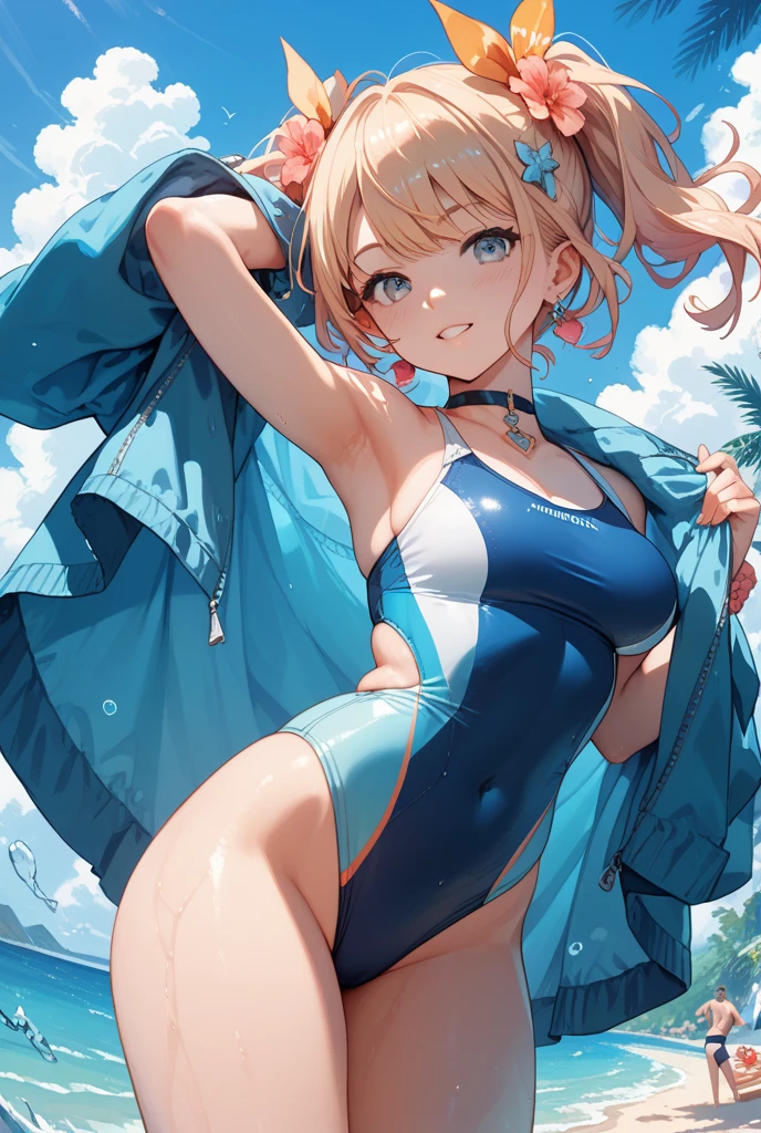 masterpiece, best quality,extremely detailed CG unity 8k wallpaper,
1girl,okita souji \(fate\), swimsuit,bikini,
smile,open_mouth,dancing,sunlight,splash_of_water,happy,gold_eyes,half_eyes,apart_legs,rising_knee,open_legs,covered_pussy,
