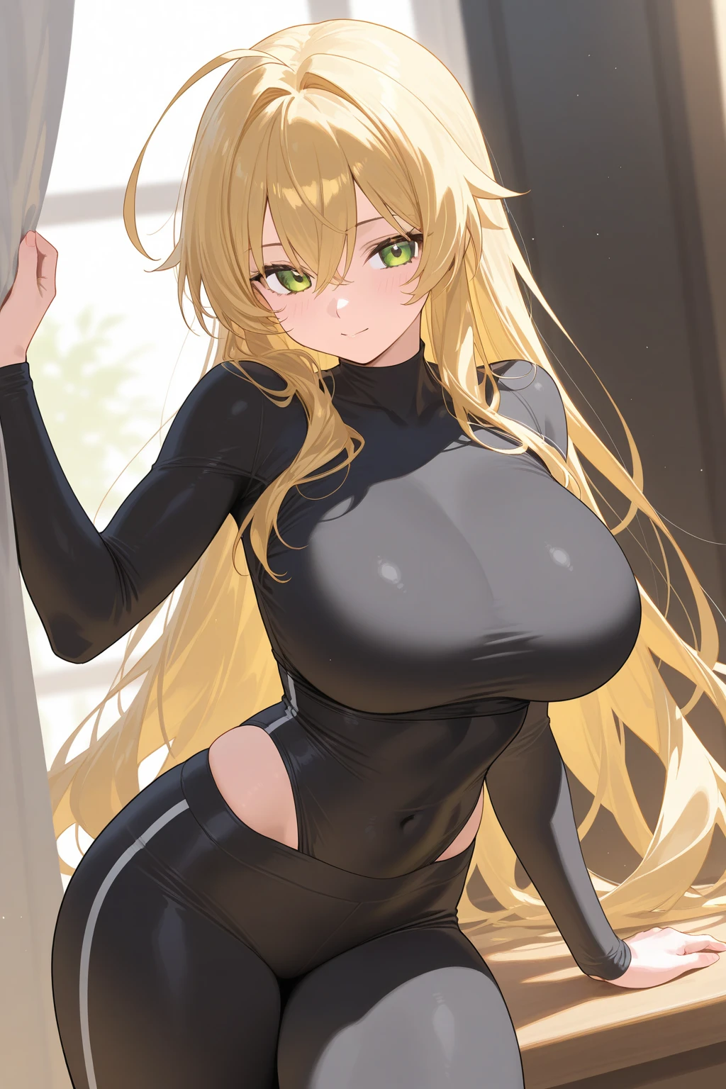 A beautiful girl with blonde hair and green eyes, super big breasts, long, sexy hair , See breasts , Huge breasts , Revealing black outfit , See breasts