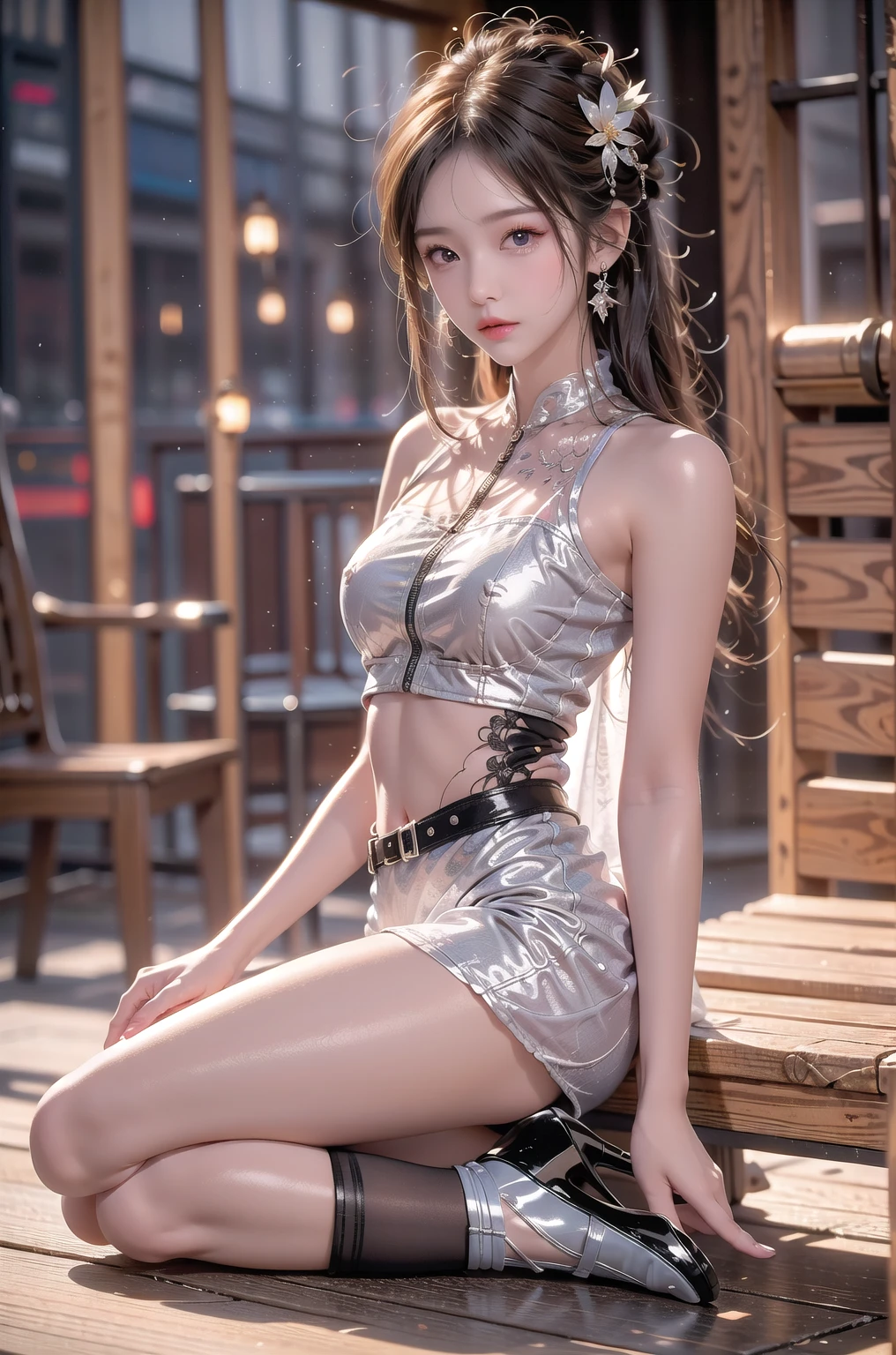 4k,8k,(masterpiece), (best quality), (super detailed), (disheveled hair), (illustration), girl), standing, fashion model, looking at the viewer, (interview), (old castle background), finely beautiful eyes, delicate beautiful face, (high saturation), (shine), focus on face, ponytail, bright hair color of various colors, saika kamisato, silver hair, bangs, hair ring, (sparkling), Best Lighting, Best Shadow, Show Shoulders, Navel Store Fashion, Small
