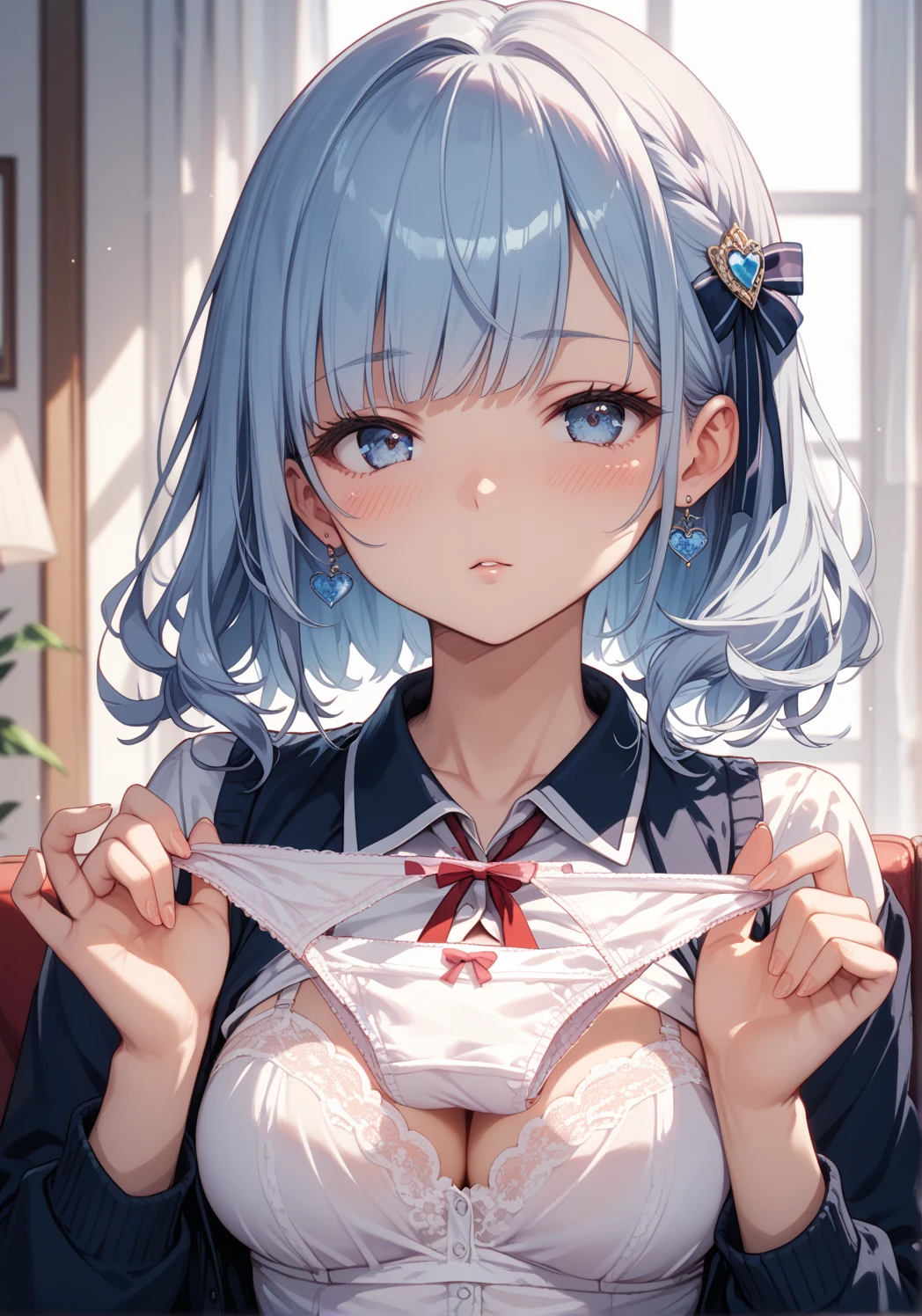 (8K、Highest image quality、highest quality、masterpiece)、detailed face、1 girl、dark silver hair、bob cut、light blue eyes、earrings、evil smile、Moderate chest、(Unbuttoned white shirt)、long sleeve、((light blue lace bra))、black pleated skirt、((skirt lift))、((light blue lace panties))、white socks、Back alley background、((nsfw))