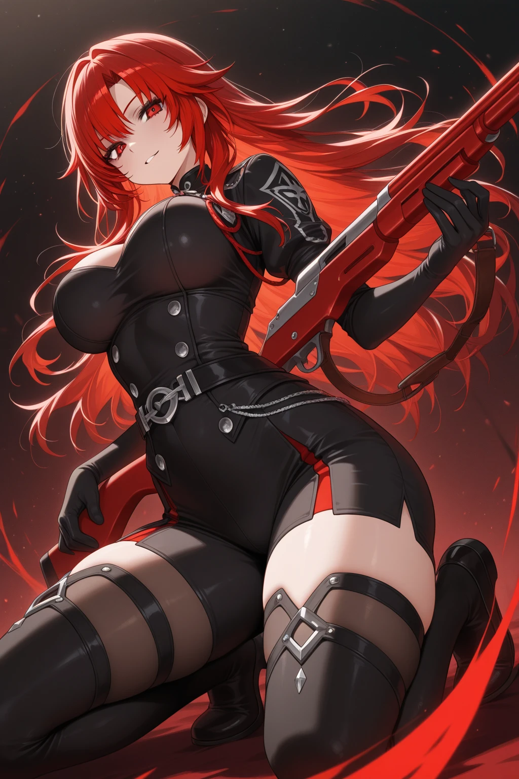 1girl, high quality, perfect ???????, corset, black panties, thigh highs, black gloves, red hair, yellow eyes, navel, evil smile,twintails,