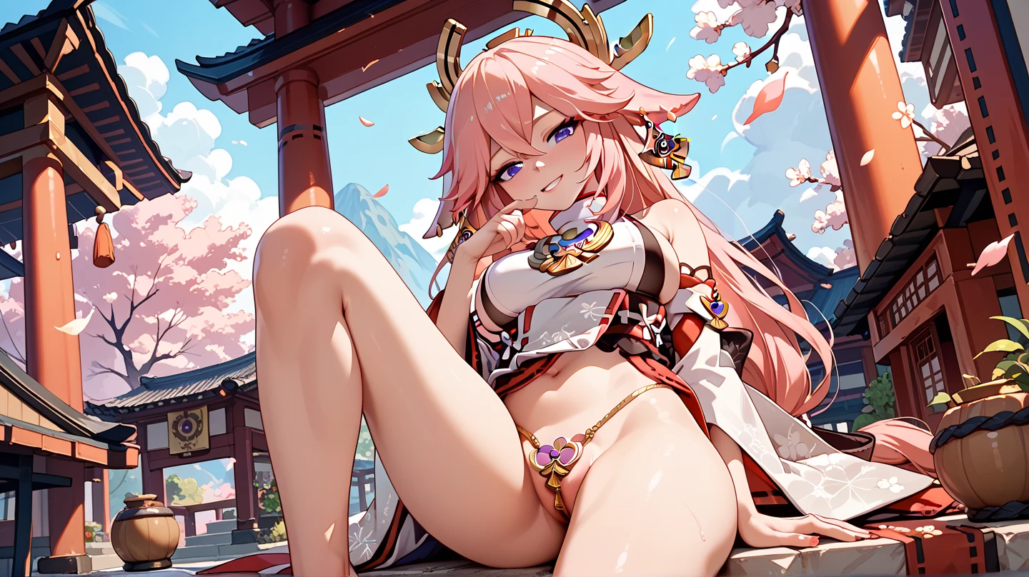 (Masterpiece 1.3, 8k resolution, ultra-realistic, very detailed), (Intricate Detail), Perfect Detail Face, Detailed Eyes, Very Detailed, Blush, Detailed Background, Realistic Photo, Sharp Focus: 1.2, Perfect + Slender Style, dynamic lights, dynamic angle, the most beautiful form of chaos, (vivid colours), (Genshin Impact), [((official, Yae Miko sit on grass, under the big tree, looking at the moon)), full body, landscape, ((forest of cherry blossom trees, lakeside, at night, full moon))]