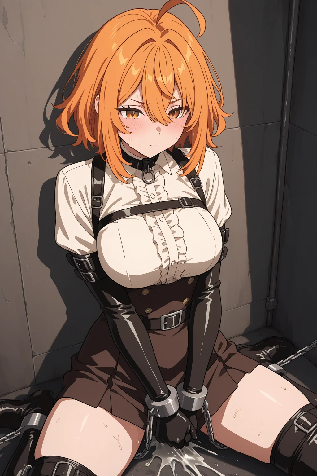 orange hair, orange eyes, offended, humiliated