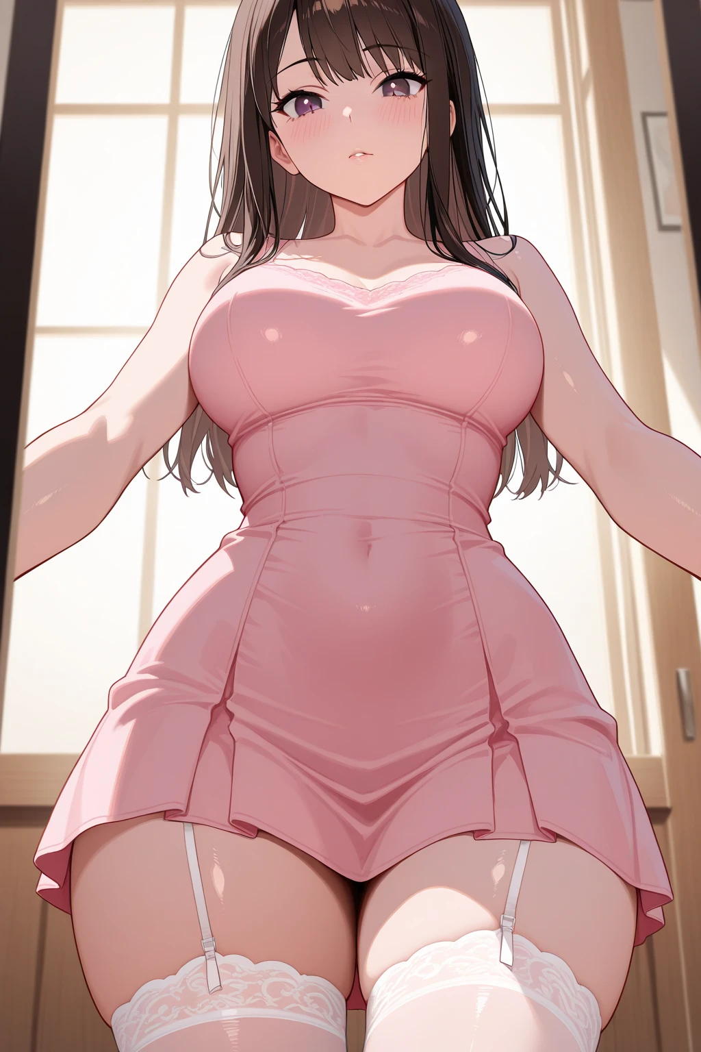 masterpiece, highest quality, 1girlkirasaka,high ponytail hair ribbon,BREAKmedium breasts, cross your legs、Sit down、look at the audience,, smile、Medium chest、upper body naked、tits、(Lower body is red panties 1.2)、clavicle、Bedroom、sleep in bed、sexy pose、blush、Towel over the chest