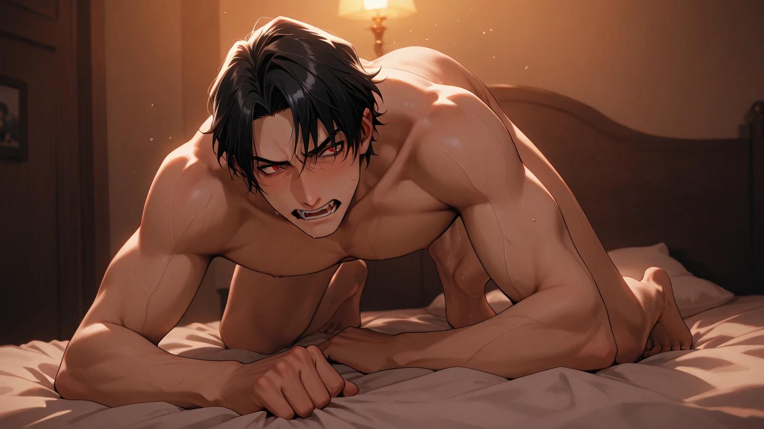 (Highest quality:1.5), (masterpiece:1.5), (8K:1.5), Kazuma Kiryu, night, Lying in bed, dragon tattoo, Nude, smile, Raising his arms