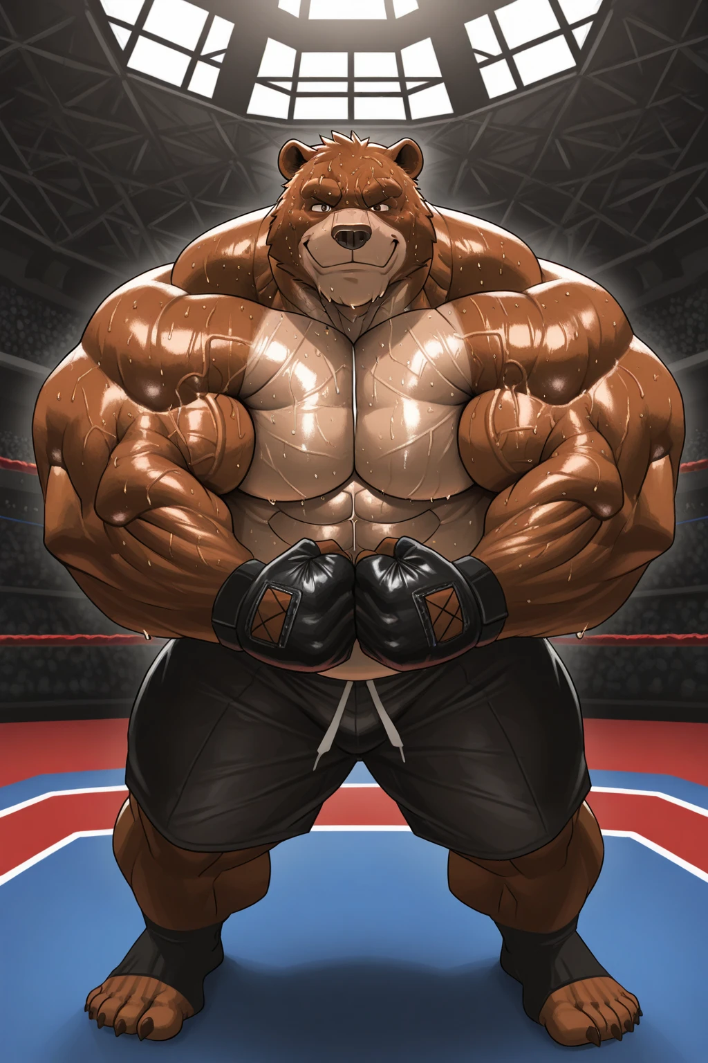 Super muscular boar beastman,(Wear a uniform:1.2),Blindfold,Painful expression,Mouth open and tongue out,Getting cumshot in the face by some guys,(Surrounded by huge, red and black erect penises),(A large amount of semen all over the face:1.3),Pro wrestling,(Anal Sex)
