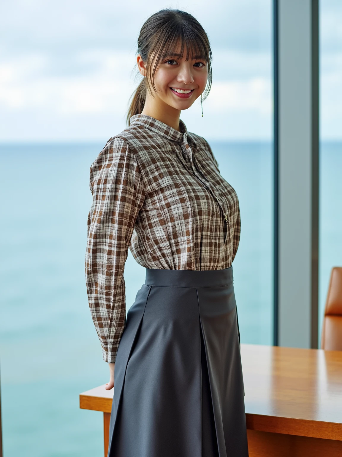 (One Girl:1.3), short hair, Japanese high school students, Great face and eyes, Looking into the camera, A joyful smile、Showing teeth、 (Highest quality:1.4), Very detailed CG 統合 8k 壁紙, Very detailed, High-resolution RAW color photos, Professional photography, Realistic full body shot, Studio shot、Plain Wallpaper, Portrait of sexy girl, Open appearance, (Look down, Watch with a viewer:1.0), (From below:1.0),((())),Pleated skirt,Thighs