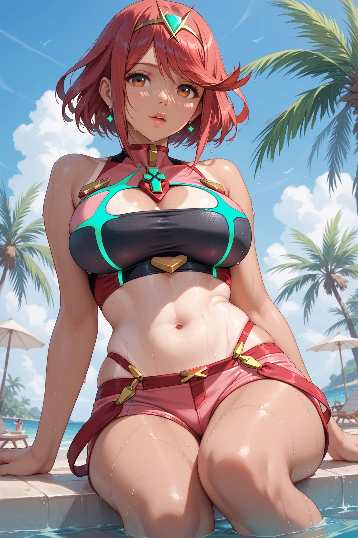 (Unity 16K Wallpaper, Masterpiece, Best Quality, Ultra-Detailed, Extremely Detailed CG, Caustics, Cinematic Lighting, Detailed, Beautiful Detailed Eyes, NSFW:1.8, 1girl), Ultra High Resolution, fine skin, (cute: 1.2, bikini), (strong light),separate swimsuit、light red hair、outdoors