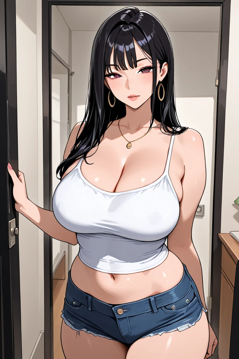masterpiece, best quality, (realistic), 1girl, solo, mature female, milf, motherly, forehead, older, 41yo, huge breasts, narrow waist, wide hips, curvy, wide hips, (straight hair, long hair, high ponytail, dark hair, dark eyes, black t-shirt, cleavage, short sleeves, jeans, denim), standing, hands on hips, looking at viewer, smile, kitchen