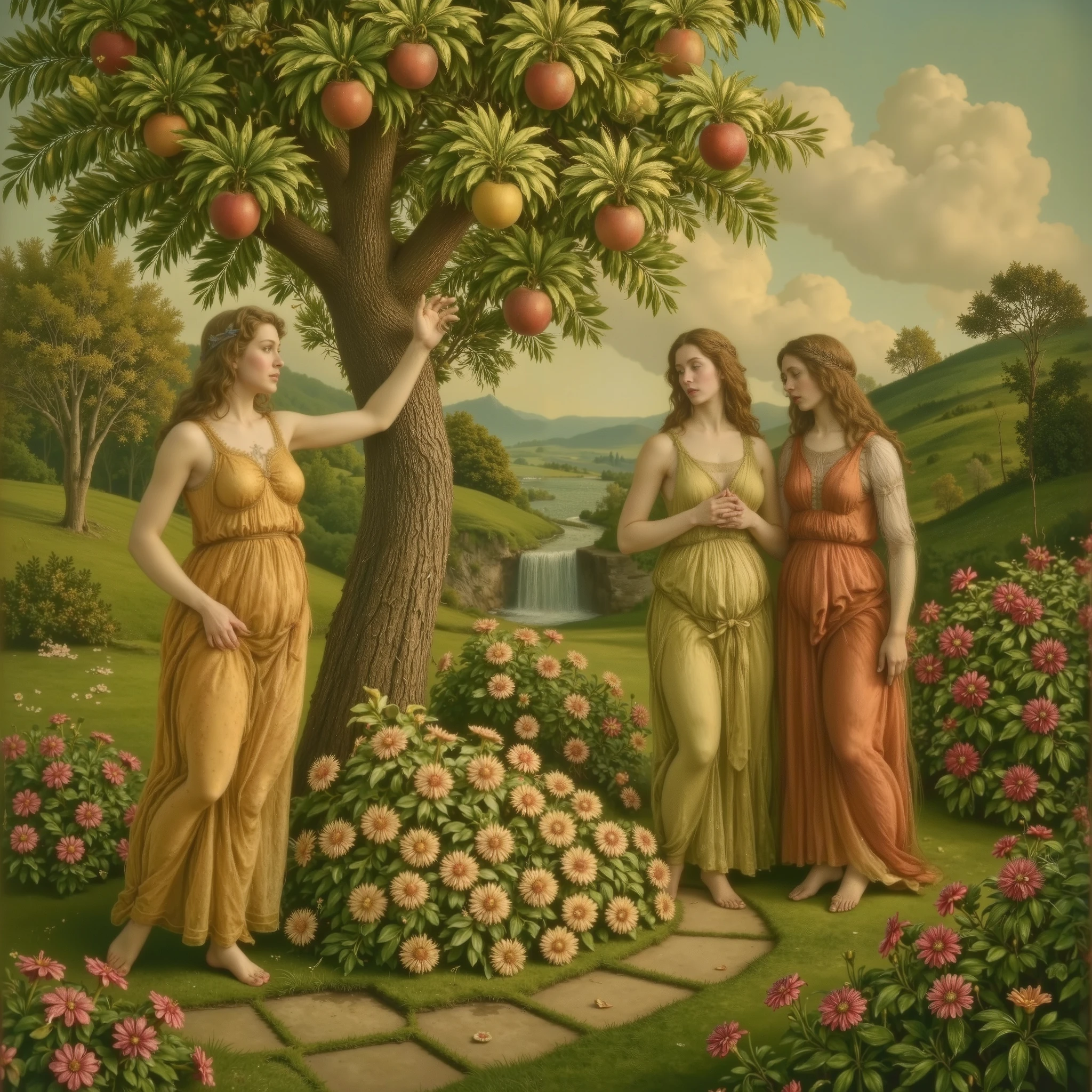 An enchanted garden bathed in the golden light of dusk, filled with leafy trees with gleaming leaves and golden fruits—magical apples that shine like tiny suns. In the center, three nymphs—the Hesperides—dance gracefully among exotic flowers, their flowing robes draped with soft halos of light surrounding their bodies. In the background, a waterfall of crystal-clear water reflects the sky in shades of orange and violet. The atmosphere is one of enchantment, mystery, and divine protection.