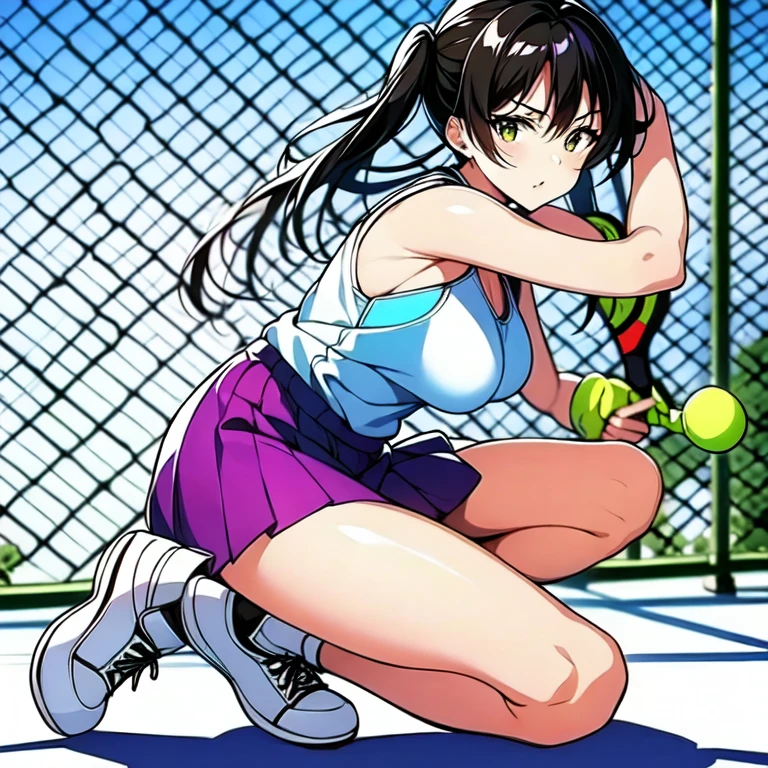 (masterpiece, Highest quality, Ultra-high resolution, Super detailed), (Realistic, photoRealistic:1.2), Beautiful illustrations, Perfect lighting, Natural light, colorful, Depth of written boundary, Browsing Caution, Vulgarity, 
Beautiful detailed hair, Highly detailed face, Beautiful attention to detail, Beautiful clavicle, Beautiful body, Beautiful breasts, Beautiful thighs, Beautiful feet, Beautiful fingers, 
View your viewers, (From above), 1 girl, kitamurakaori, (Perfect ???????, Anatomically correct, Highly detailed skin), Cute and symmetrical face, 
Perfect Face, Perfect Eyes, Perfect body, Perfect Fingers, (Skin Dentition), White skin, Glowing Skin,  
(Long Hair, Straight hair, Messy Hair:0.6, Black Hair), Swept-apart bangs, blue eyes, Droopy eyes, Long eyelashes, (Large Breasts, Big Hips, Captivating thighs), thin, outAre standing style, 
(white tennis tank top, White tennis skirt, Blue tennis wristbands), 
(Beautiful views), evening, (Tennis court:1.2), Are standing, (Obedient, Lips parted), 
