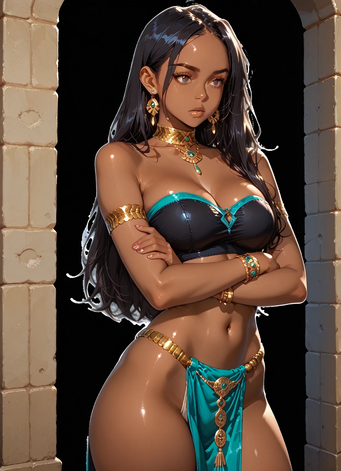 nsfw, anime screencap, 16K, perfect anatomy proportion body, perfect hands, action, A dynamic composition with a sense of speed and movement, a wife, 40age, NUDE, perfect beautiful delicate sexy face, perfect beautiful delicate eyes, braid-in-braid black hair, (dark skin:1.6), huge breasts, abs, hairy female pubic hair, naked people, Wearing an elaborate chainmail breastplate and loincloth, factory, desert, Post-apocalyptic,