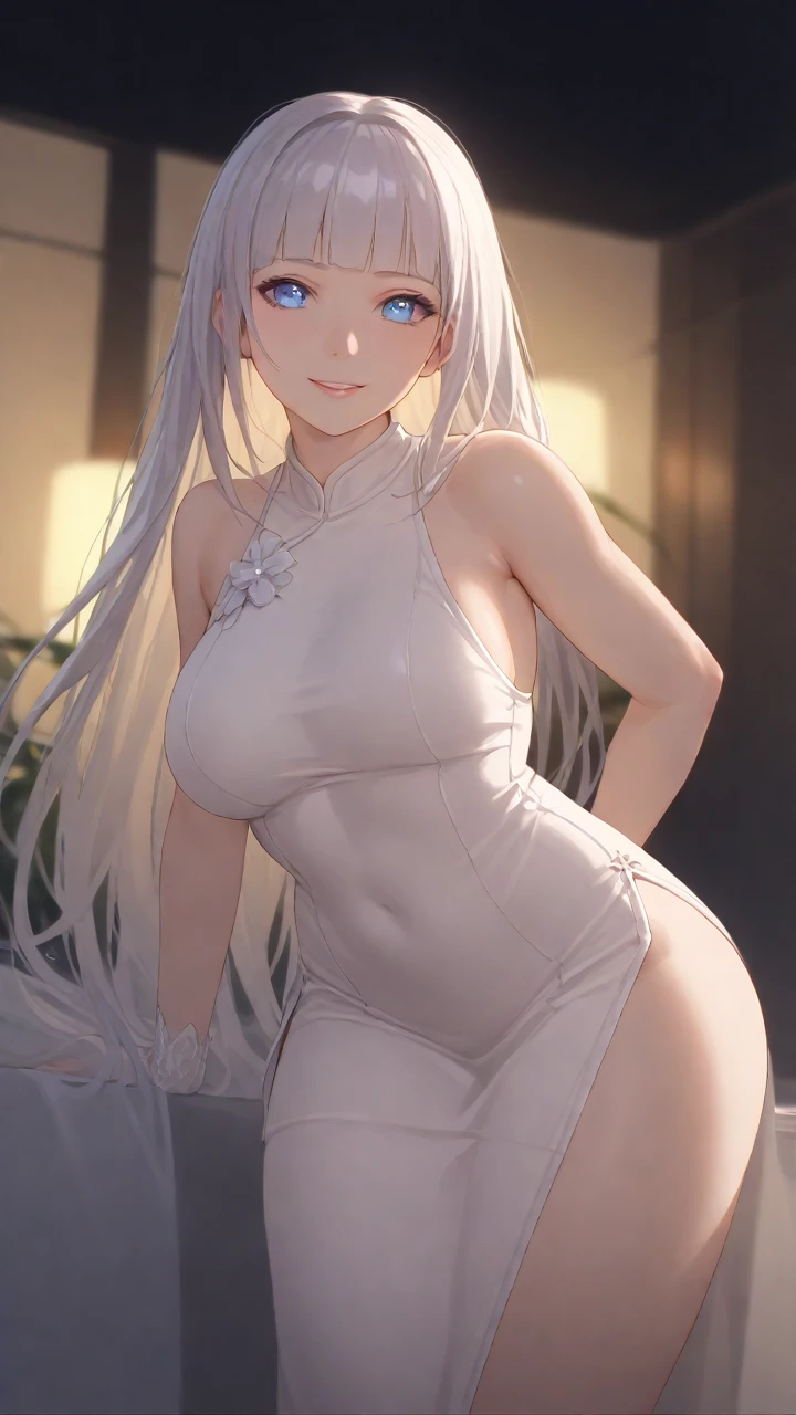 Elegant 27 year old woman,, white, wavy hair styled in a long, high ponytail, small and fleshy lips, simple makeup, confident look modeling a sexy and revealing low-cut dress, Wide hips, medium buttocks,