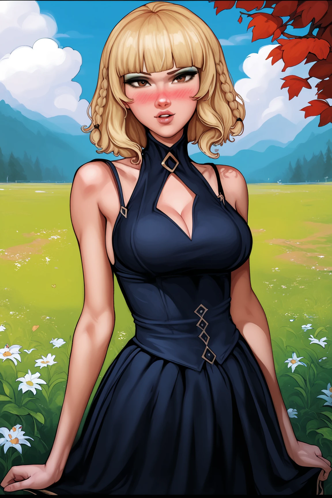 Female style Deborah Ann Woll beautiful breasts symmetrical medium breasts Fiona with war marks Cartoon image of a woman .Ilustra??o estilo desenho animado, estilo de arte dos desenhos animados, estilo de arte dos desenhos animados, digital illustration style, estilo atompunk design de personagens altamente detalhado, arte digital detalhada coragem, Forest Fan Art, Design de personagens de retrato, beautiful digital illustration, retrato de alta qualidade, Arte em quadrinhos, mulher jovem cabelo com transas lindas . Eyelined eyes Medium large bust and wonderful sexy clothes. image expression of sexual desire from waist to head illustration Queen Anne of Arendelle atompunk style Fallout 4 style pose playboy magazine a close-up of a woman sitting with a dragon cartoon of a woman .illustrationDeborah Ann Woll, huge boobs