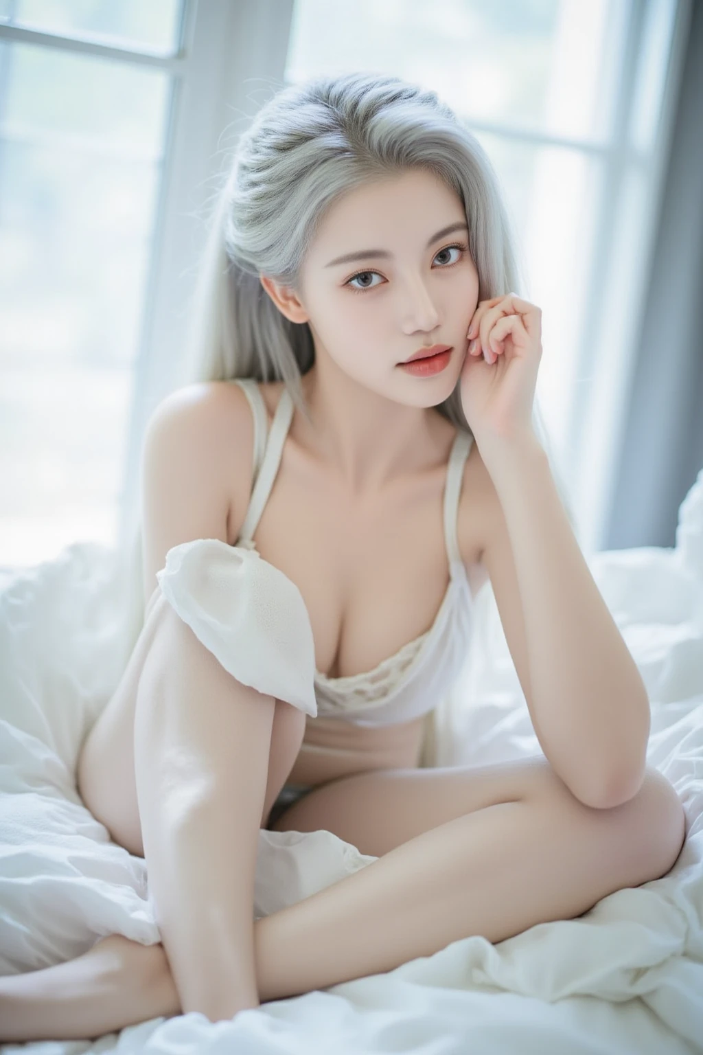 String,With her big ass facing forward,Light red lingerie,1 Girl, Big Breasts, (8K, RAW Photos, High sensitivity, Highest quality, masterpiece, Ultra High resolution, realism: 1.25), blush, (非常にdetailedなCGユニティ8K壁紙, Highest quality, High resolution: 1.2), (Ultra_detailed, 超High resolution: 1.2), Perfect lighting, personality, (1 Girl: 1.4), (pretty girl: 1.2), Unreal Engine, Side light, Gray Hair, Perfect Face, Perfect body, Beautiful Eyes, Beautiful Face, (White skin: 1.4),Model Beauty,transparent,