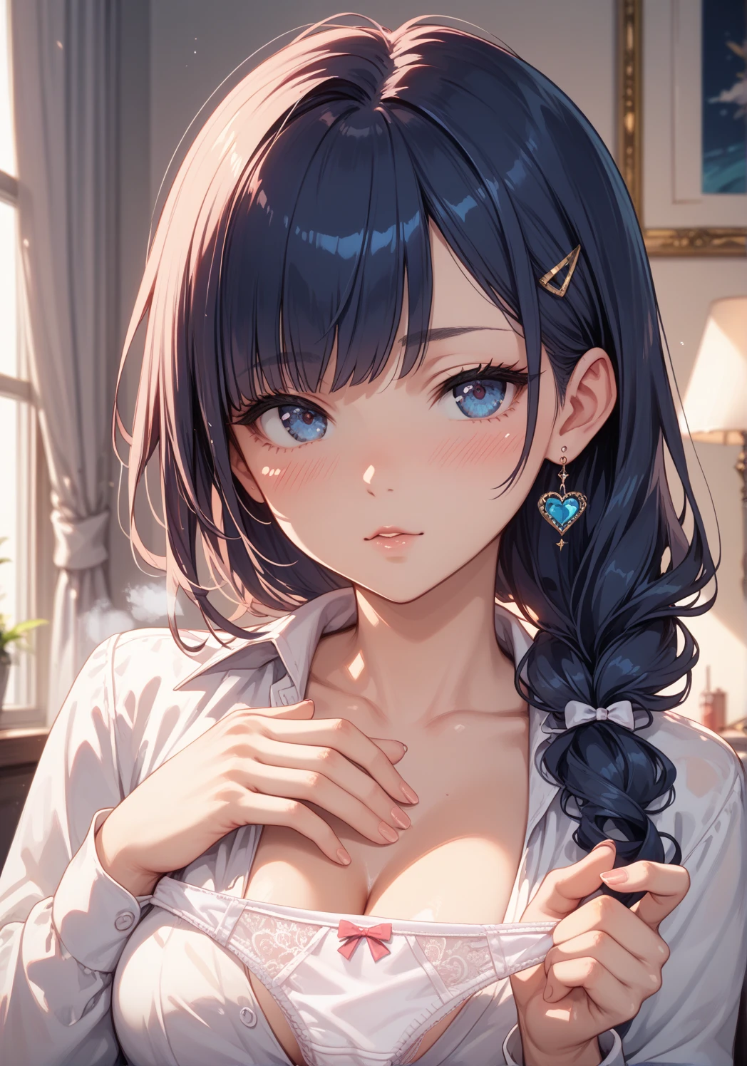 tazune rirei, on bed, pillow, sunlight, beautiful face, shining eyes, 
aqua eyes , black hair, braid hair, 
(completely nude), ((nipples)), ((excited expression)) , ((lying on back)) ,((cum on face and chest)) ,
(highly detailed background:1.2), more_details:1.5,((masterpiece)),((highest quality)),((8k)),((ultra-detailed)), (((close up face))), embarrassed, ((blush)), after sex, sleepy, portrait, nsfw
