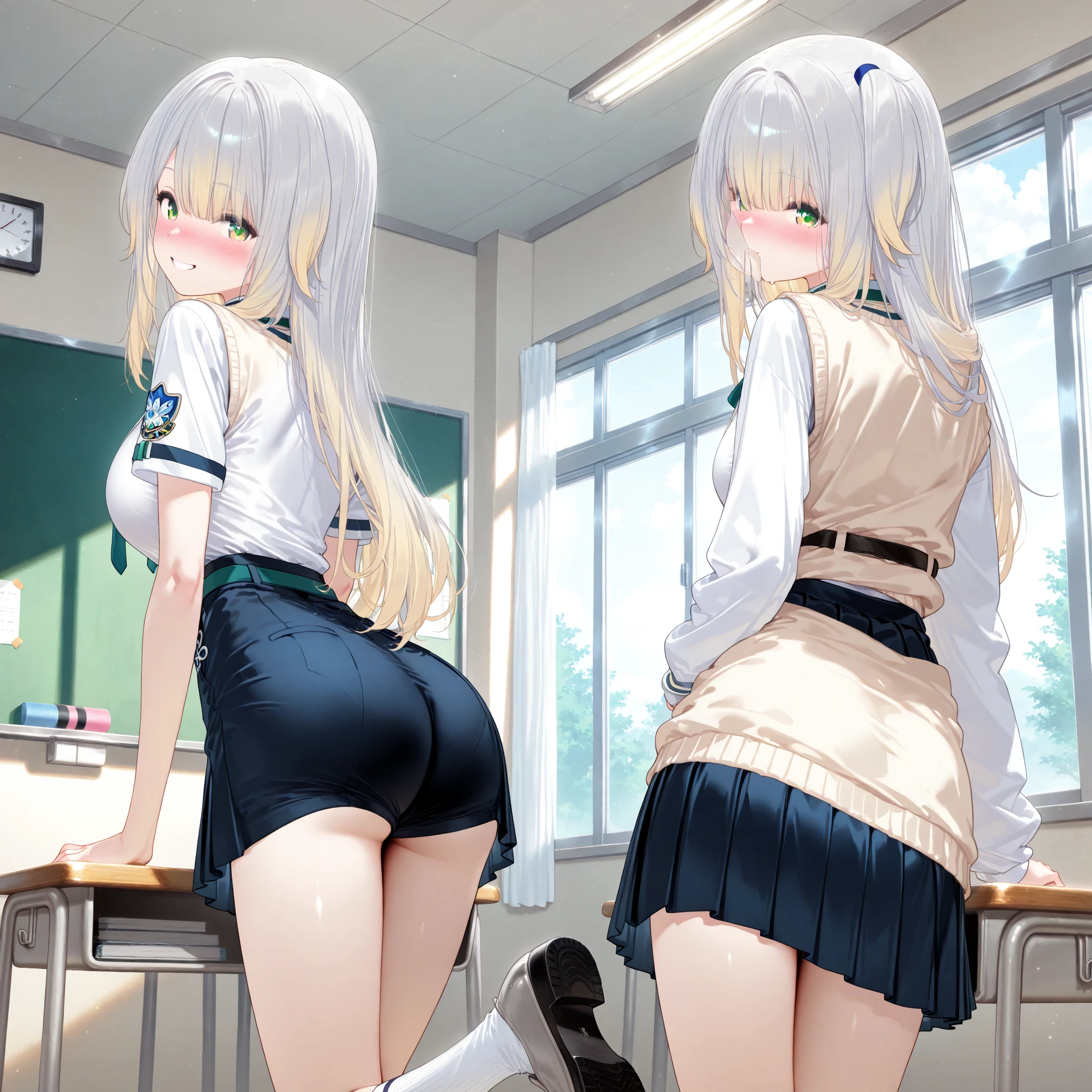 School uniform girl，Beth，with his back to the viewer，Break your butt with your hands for the audience to see，hindquarters。