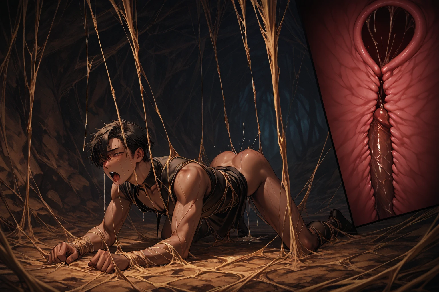 ((Sophie Marceau)), dark forest, brown long hair, big breasts, (((thick thighs))), white stockings, skinny chubby, (((she is brutally spanked by a stick:1.2))), (((hit in cheek:1.2))), (((stick flagellation view:1.2))), (((naked vagina view:1.2))), (((women whipped with heavy sticks))), (((ass deformed by the violent stick impact:1.2))), (((sweaty skin))), (((beaten by violent skulled men:1.2))), (((fast penis hit movement effect against her cheek:1.2))), (((surrounded:1.2))), (((pussy))), (((standing))), (((hands tied:1.2))), (((tense rope above her head))), (((big stick in her anus:1.2))), (((raped by a man:1.2))), (((back)))