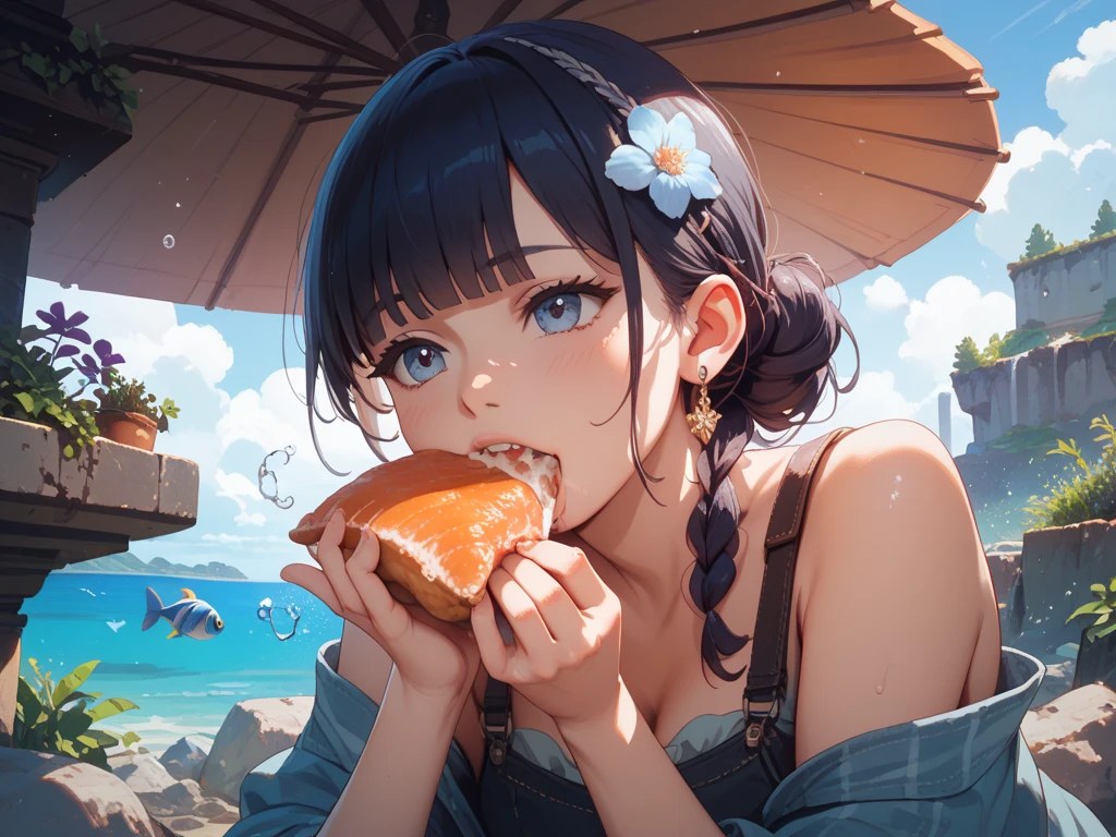 (Masterpiece, BestQuality:1.3), (ultra detailed:1.2), (hyperrealistic:1.3), (RAW photo:1.2), High detail RAW color photo, professional photograph, (Photorealistic:1.4), (realistic:1.4), professional lighting, perfect ???????, (Big Breasts:1.2), (blush, detailed face), (cheerful Smile:1.5), (Pink Hair:1.5), Trending Hair&Trending Hairカラーをランダムに, earrings, necklace, bracelet, sexly, ?????? sexly, Random sexy gravure poses, ( A beautiful woman wearing a blue crop top and white shorts、Winking while eating watermelon on the beach。A silver bracelet shines on your wrist。: 1.3)