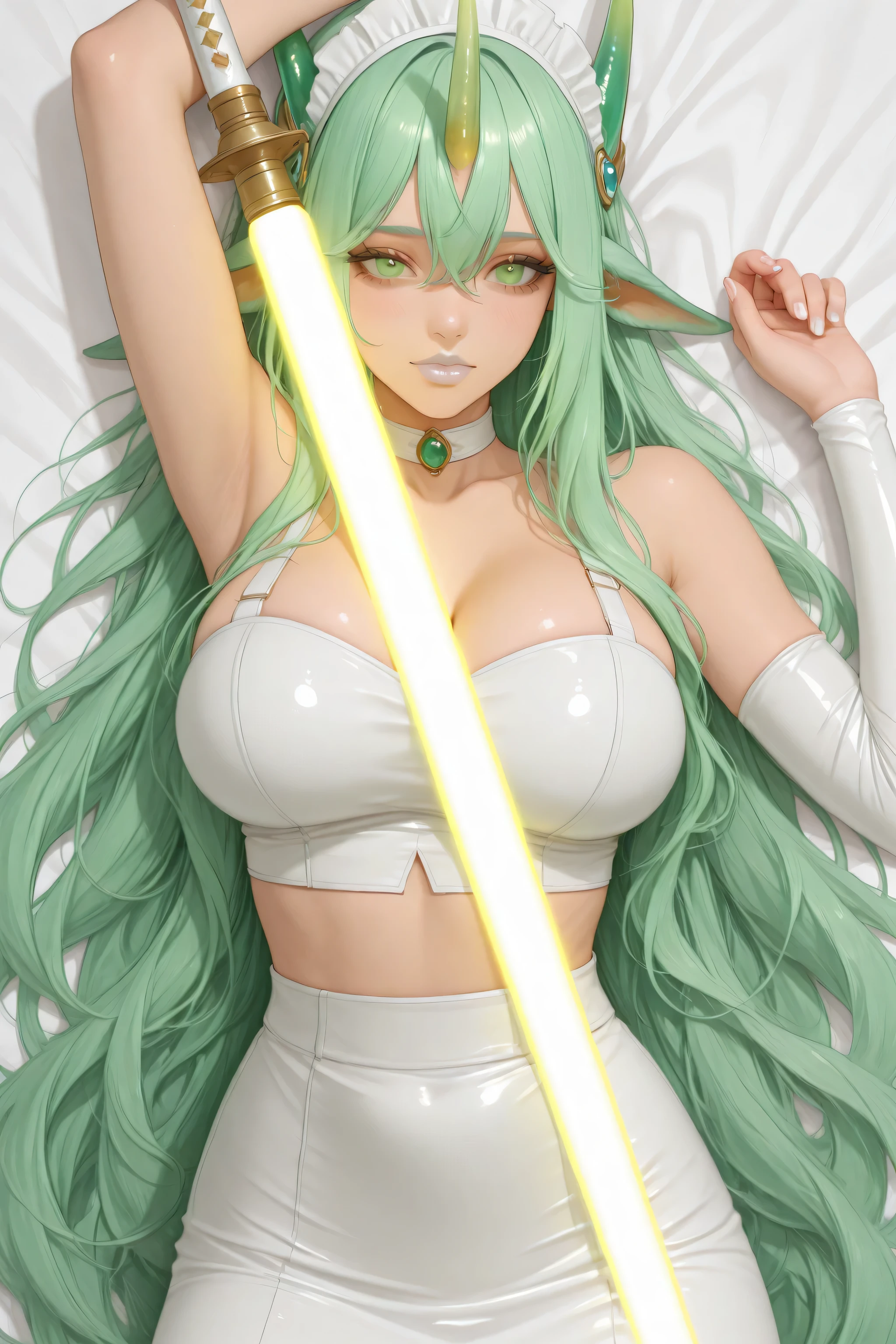 head dress ,white leather crop top, white single sleeve, large breasts, cleavage, 1girl, green hair ,horn, long hair, singe horn, soraka_star, ,bare shoulders, green eyes, animal ears, , magical girl, breasts, very long hair, choker, alternate hair color, pointy ears, hair between eyes, bangs , large breasts, hair ornament, white short pencil skirt, holding a yellow green lightsabre, lightsabre raised ,face only, high quality facial feature , masterpiece, dakimakura, lightsabre raise above head, white lipstick,