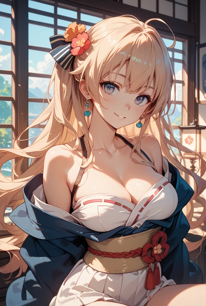 masterpiece, Super high quality CG, best quality, perfect picture, Lydia sits on a bench by the pond，beautiful details eyes，beautiful lips，earrings，collar，Blonde high ponytail，blue eyes，red hair bow，Smile，looking at the audience with joy，Wearing sexy karate costume