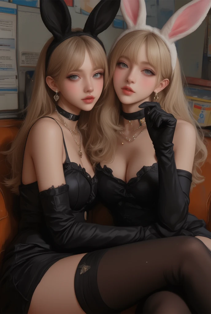 Large，Best picture quality，busty figure，Lieyang red lips，Exquisite facial features，Two charming sexy beauties，Wearing black lace erotic lingerie，Wearing black silk fishnet socks，，An iron collar is worn around the neck，，Wavy blonde，Get wet，high high quality，best qualtiy，Hug and kiss each other，Wear cat ears on the head，