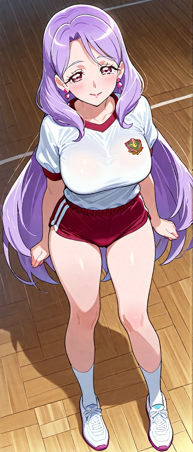 An image of a pregnant girl in gym clothes with glasses and white thighhighs, she's sitting and raising her foot to the viewer
