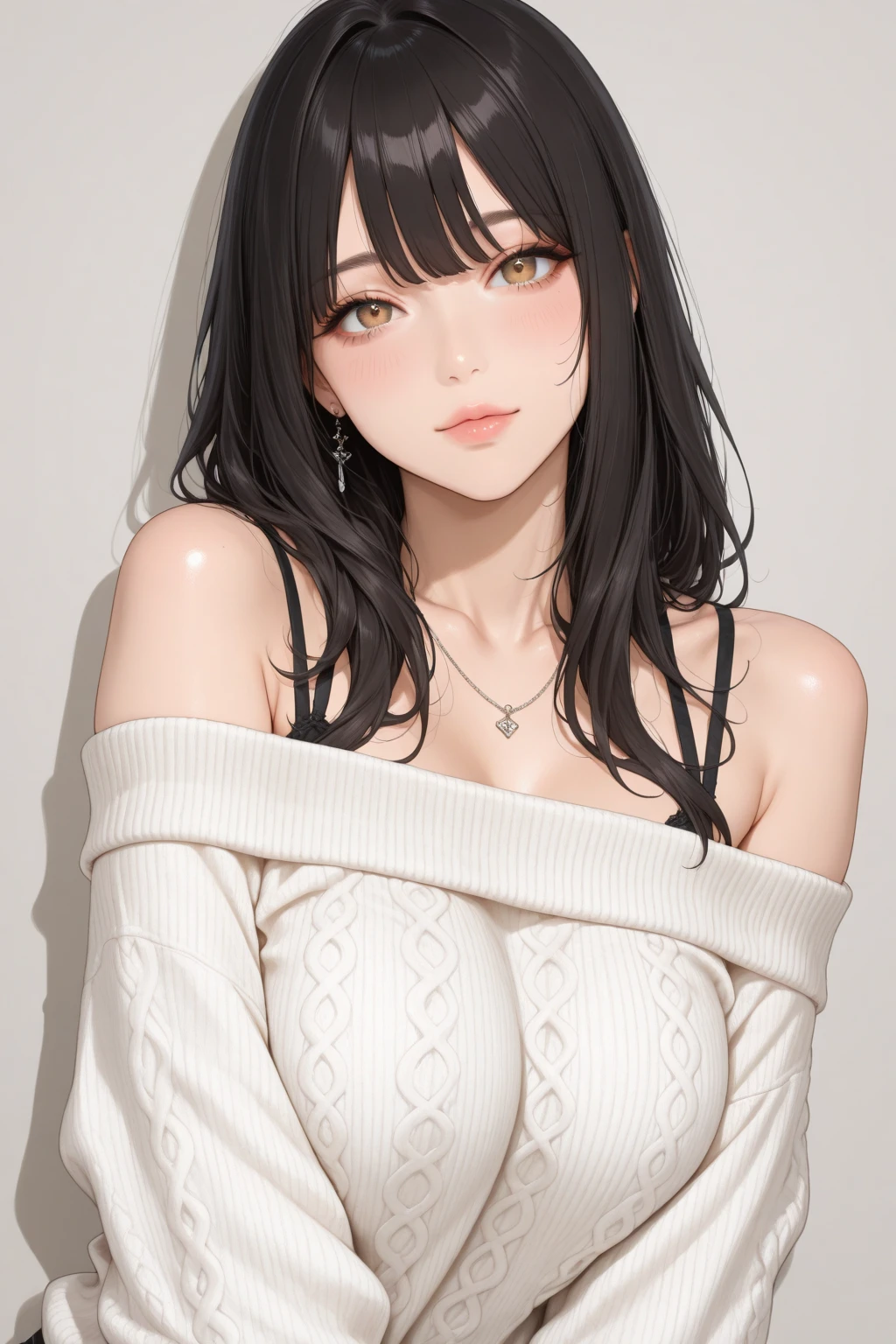 ((best quality)), ((masterpiece)), (detailed), 1girl. off-shoulder sweater. Black hair. Cleavage. Blue eyes. Big tits.