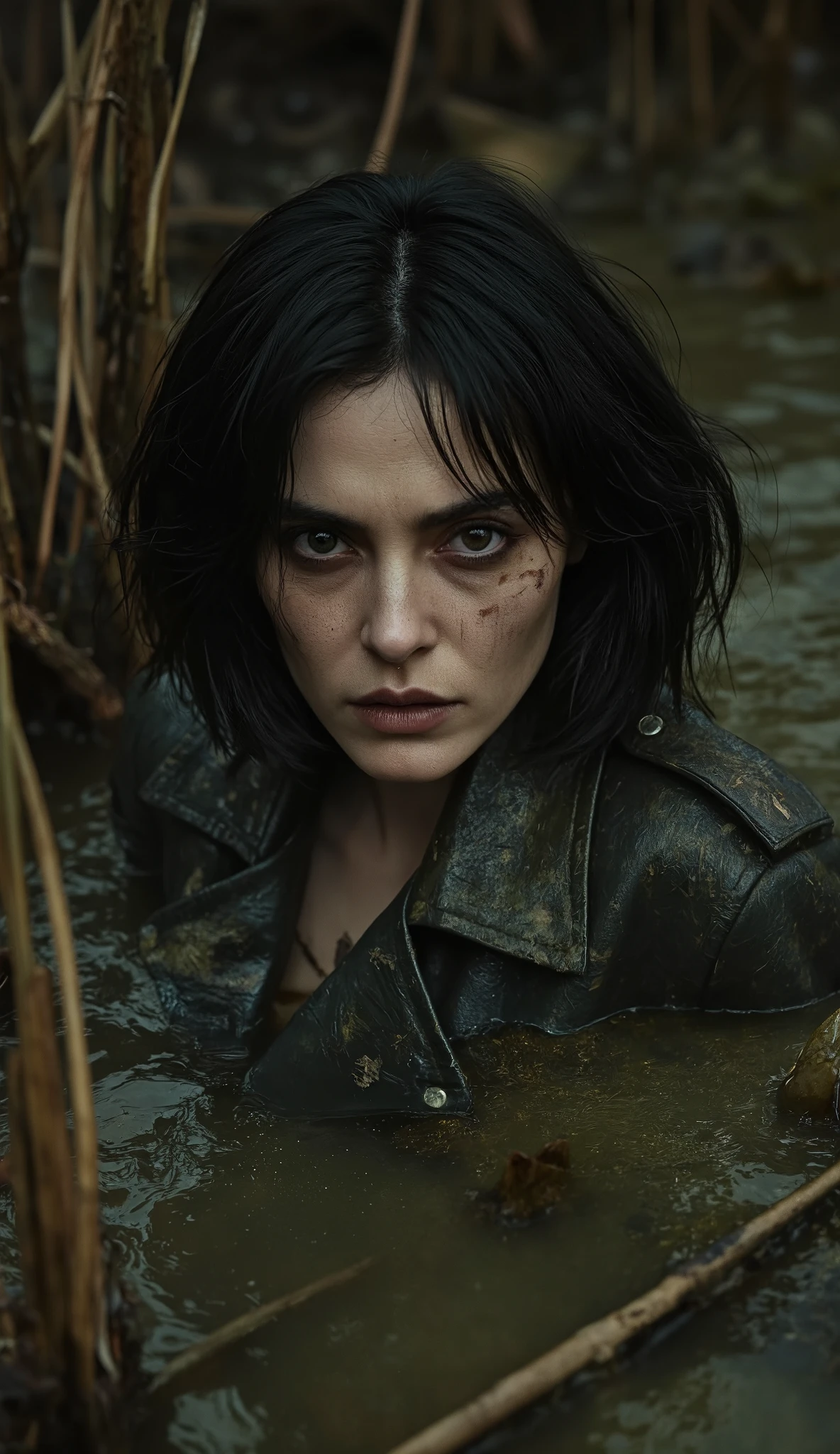 Phoebe Tonkin,artistic portrait, ugly mature Phoebe Tonkin over 50. withered, turns stuck in sludge murky vegetation mud, black bob haircut. dirty messy leather biker jacket and leather biker tight flared pants. Tormented in lust ,reeds, polluted duckweed vegetation, strong bags under eyes, detailed portrait, moody lighting, gritty, dystopian, dark fantasy, rugged black night environment, muddy terrain, gloomy atmosphere, dramatic shadows, cinematic shot, ultra-detailed, 8K, HDR, photorealistic, masterpiece, 