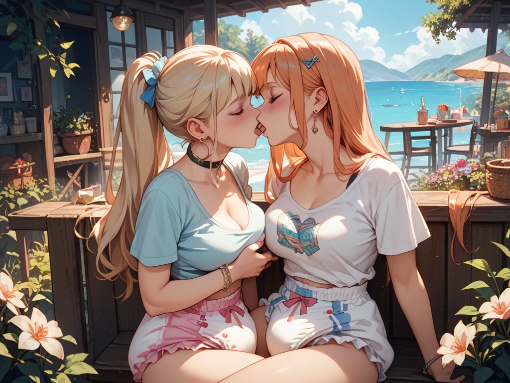 2 teenagers of different styles, kissing, with big breasts, drunk on the street in France, with wet bodies, very happy, drinking beer, floor with reflection, strong wind, crowd watching them.