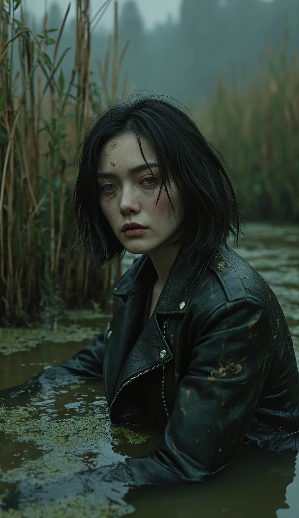Phoebe Tonkin,artistic portrait, ugly mature Phoebe Tonkin over 50. withered, turns stuck in sludge murky vegetation mud, bob haircut. dirty messy leather biker jacket and leather biker tight flared pants. Tormented in lust ,reeds, polluted duckweed vegetation, strong bags under eyes, detailed portrait, moody lighting, gritty, dystopian, dark fantasy, rugged black night environment, muddy terrain, gloomy atmosphere, dramatic shadows, cinematic shot, ultra-detailed, 8K, HDR, photorealistic, masterpiece, 