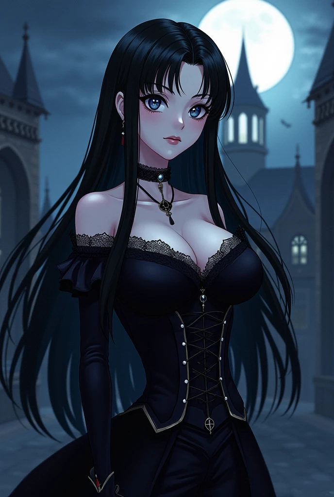 An anime-style digital illustration of an evil goth sorceress with black hair. She is wearing a tight black corset and has an hourglass figure. Her face is highly detailed and beautiful, with lush lips and black lipstick. She is smiling and seductively flirting with the viewer. Her blue eyes are mesmerizing. The background contains cosmic elements and has an ethereal atmosphere.