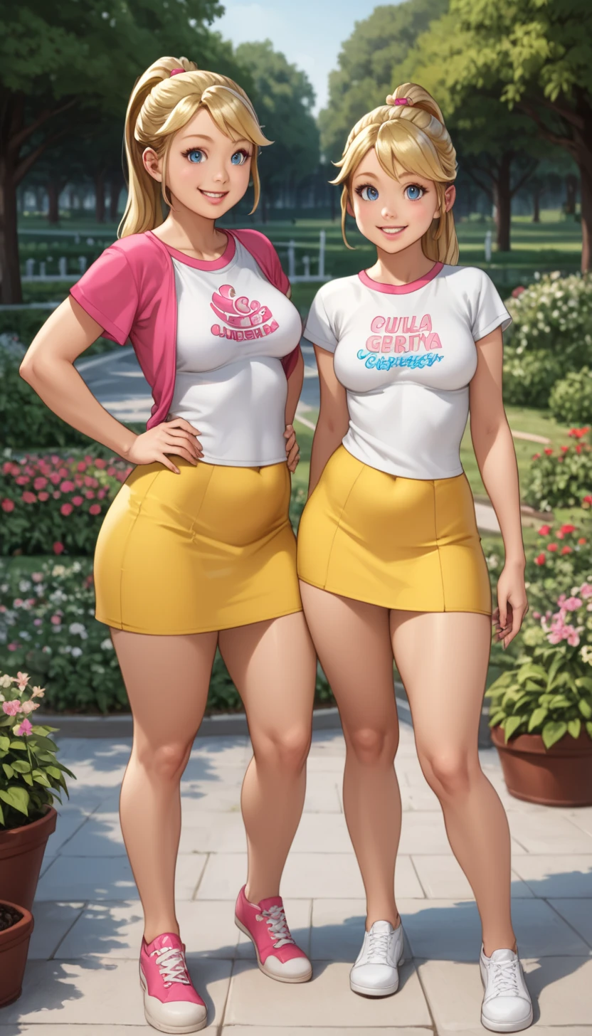 Mother and daughter with huge breasts with sexy cleavage walking in the park 