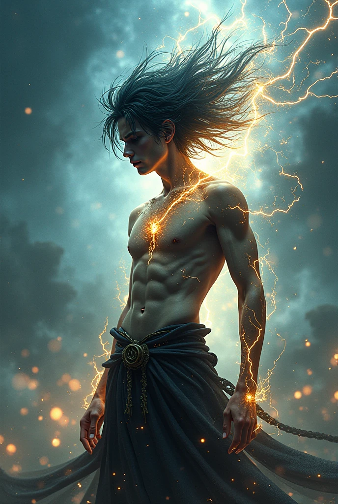 create a male storm cleric with a grayish colored body , white hair and yellow lightning tattoos all over his body, your face is younger and more attractive 