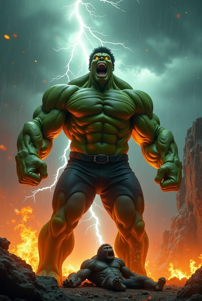 (The incredible hulk, nubile, contemplative stare looking to the heavens, dramatic powerful pose, marble statue, gold paint highlights), Greek temple