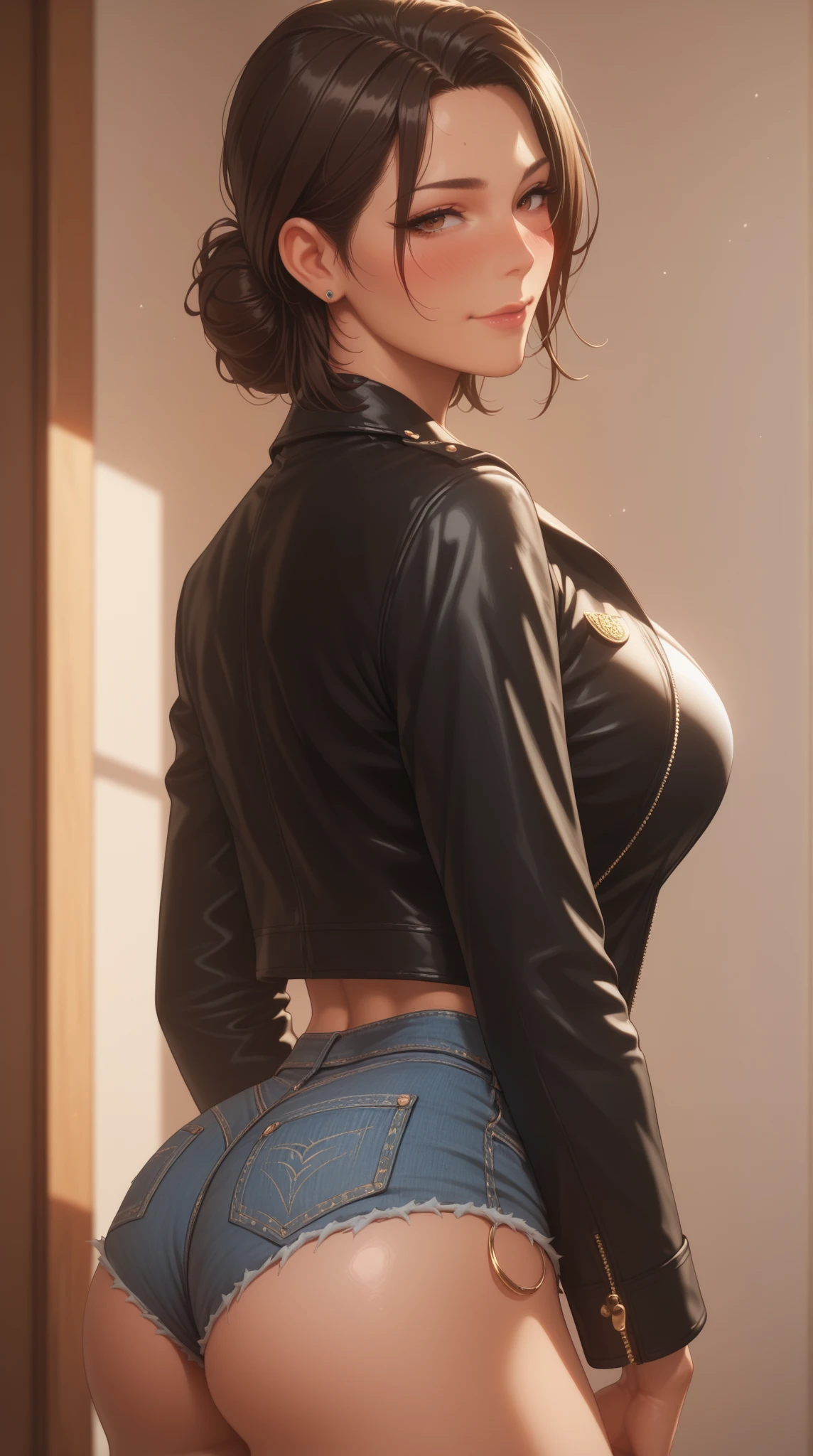 College woman; young; Tall and slender busty woman with wide hips; hourglass figure; Black, shoulder-length hair; brown eyes; soft features; girl-next-door look; overconfident; reckless; best quality; trending on artstation; complex volumetric lighting; strong shadows; artistic lighting; dynamic; energetic vibe; realistic skin; specular highlights; micro-textures; highly detailed hair; wearing a revealing white shirt, a black jacket, black shorts, and black boots; POV; upper-body shot; in an apartment at night