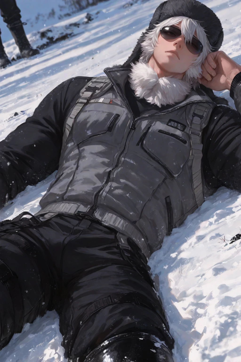 (((A young adult very manly blond russian male soldier laying in a snow wearing russian winter soldier coat uniform and taking slow breaths and moaning as he touches his cock through his pants))), NSFW, erection, ((male masturbation)), sensual, ((in a snowy environment setting)), moaning, ((taking slow breaths as masturbates)), ((a very erotic angle)), ((anatomically well drawn pose with all limbs)), ((he looks very erotic)), ((legs spread as he is laying down)),