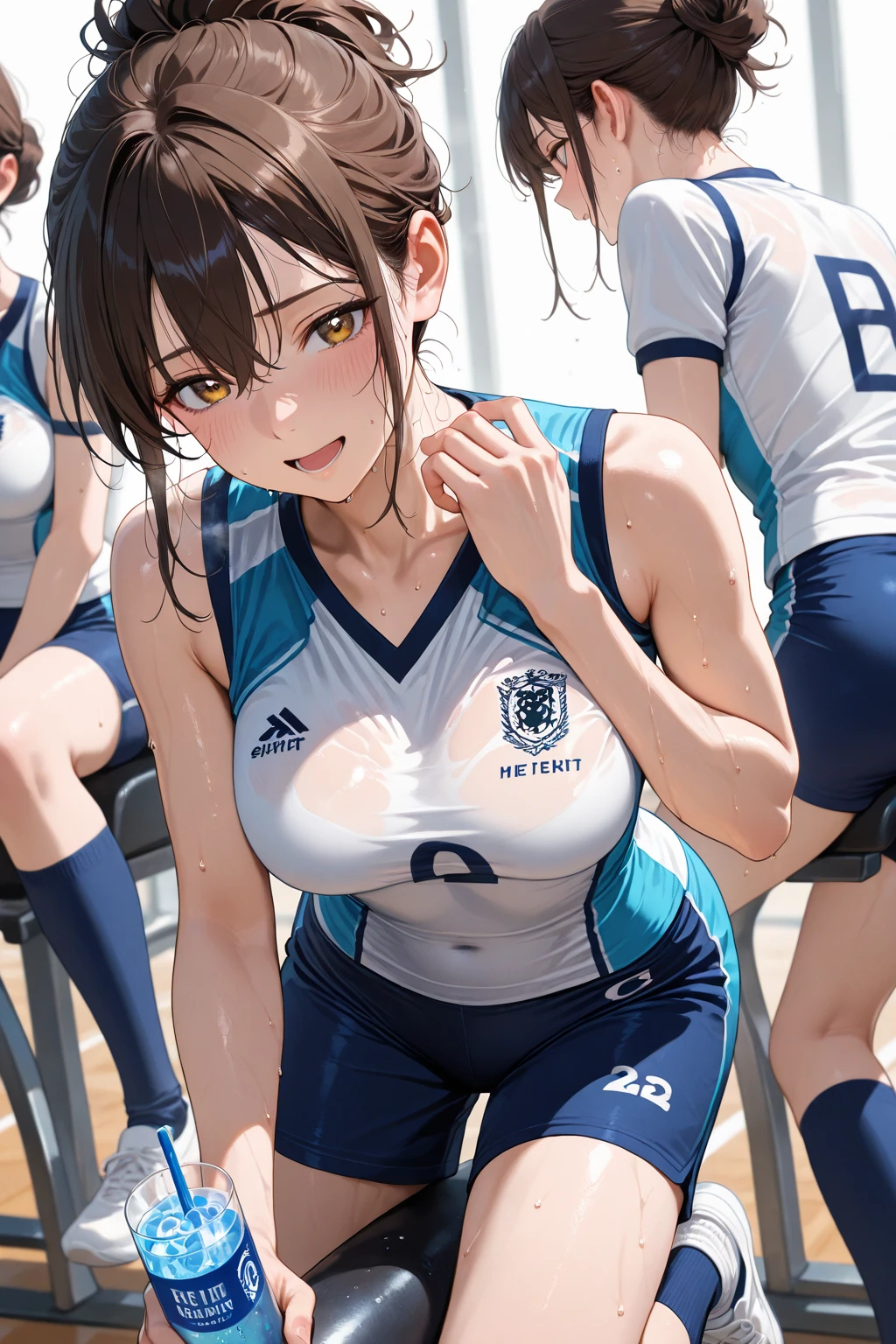 (masterpiece), (highest quality), (Very detailed), At the basketball venue, 1girl, blush, ((Lifting the basketball uniform:1.4)), Happy, View here, Big Hair, Brown Hair, shy,((slender)) ,anxiety, blush, smile, the body is slim,(Shiny skin), from the front, From above,Long wet ears, ((topless:1.4)),(Sit with your legs apart)、Raise your knees、Bend your legs、Full body photo、(Focus on the groin)、Exposing thighs、Keep your buttocks on the floor、(white thong),
