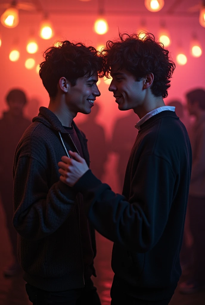 Naked boy kissing a black boy at school at night in the rain 
