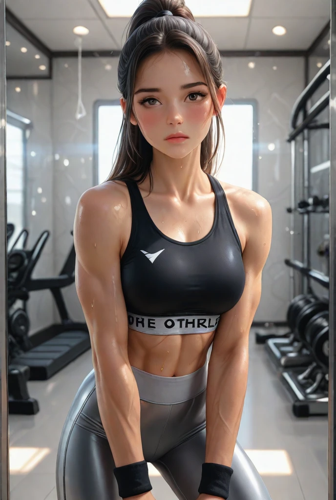 Foto RAW de corpo inteiro de uma mulher adulta loira de 25 anos de idade, pele branca, pale, cabelo loiro claro, olhos azuis, olhos detalhados, se exercitando na academia, (((gym setup))), wearing black legging pants, roupa de academia preta, abdome, Fitness, bunda grande, Meio do peito, olhos equilibrados, (Detalhes da melhor qualidade: 1.2), realista, 8k high definition, ultra detalhado, textura de alta qualidade, detalhes intrincados, textura detalhada, finamente detalhado, alto detalhe, cg extremamente detalhado, sombra de alta qualidade, rosto delicado bonito detalhado, (olhos delicados bonitos detalhados: 1.32), profundidade de campo, Rastreamento de raio
