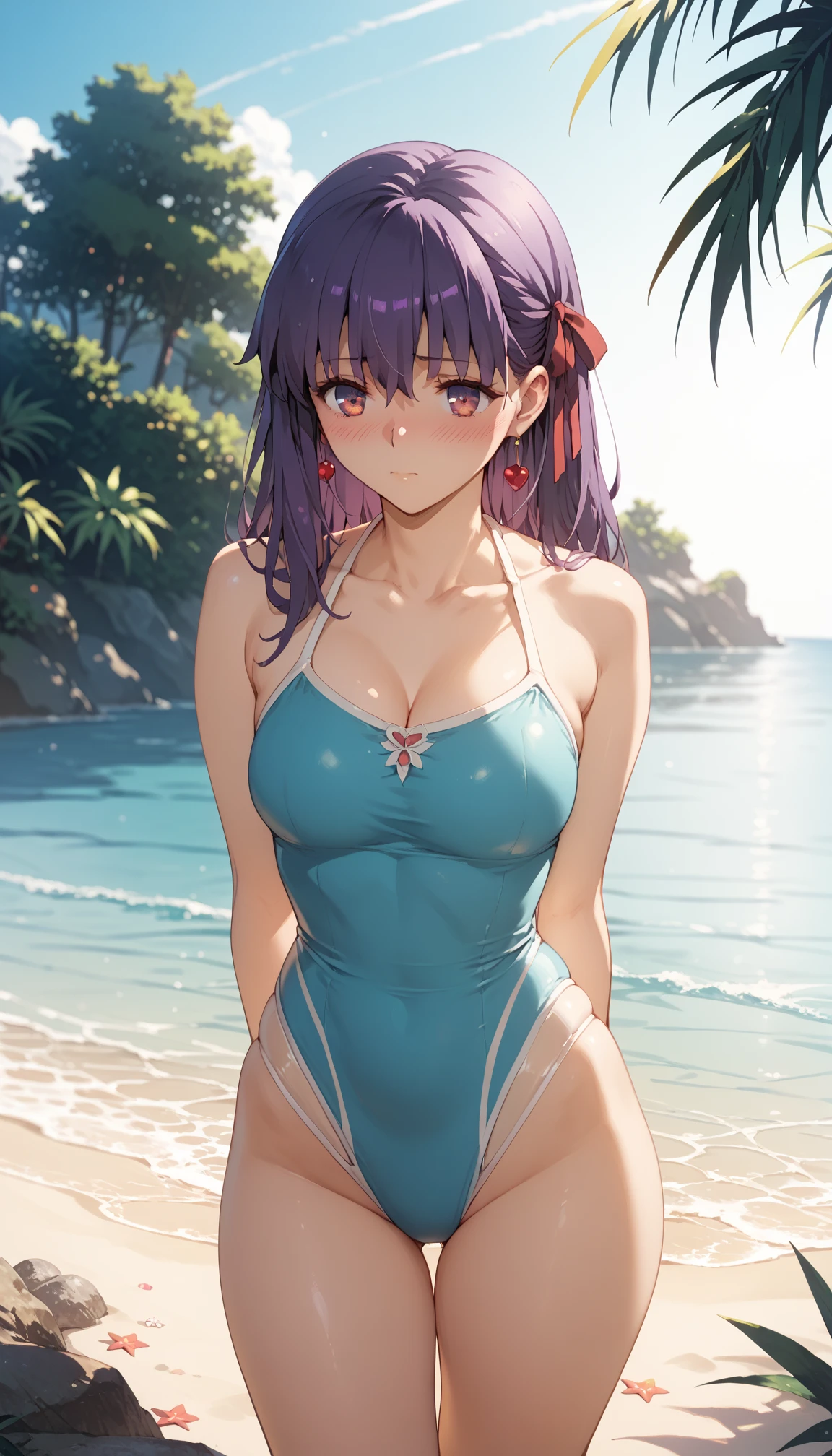 best quality, insanely detailed, nino nakano,  breasts, blush, swimsuit, halterneck, striped, flower print swimsuit, 