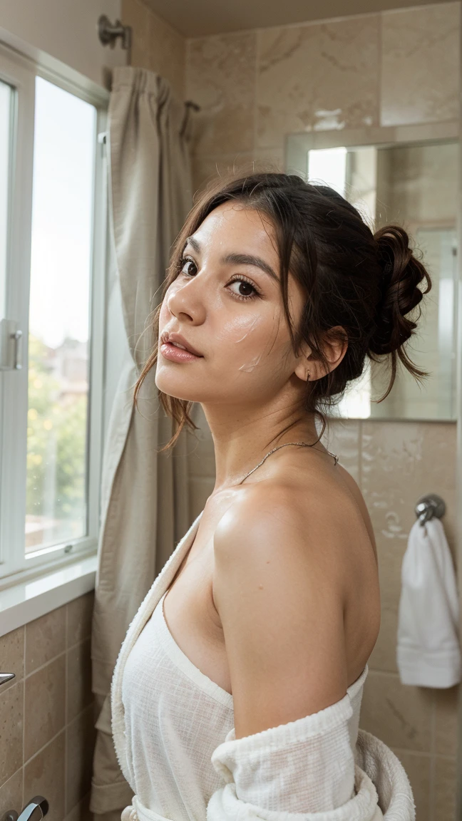 1girl, solo, photorealistic, realistic, middle age, a 30-year-old woman, ordinary mature woman, Timorese woman, Timorese woman, Timorese face, body of 30-year-old woman, ((ugly:1.6)), curly black hair, long hair, dark eyes, small nose, pointy jawline, deep cheekbones, shovel-shaped incisor teeth, pale-white skin, slim body, upper body, full nudity, selfie pose inside a grainy bathroom
