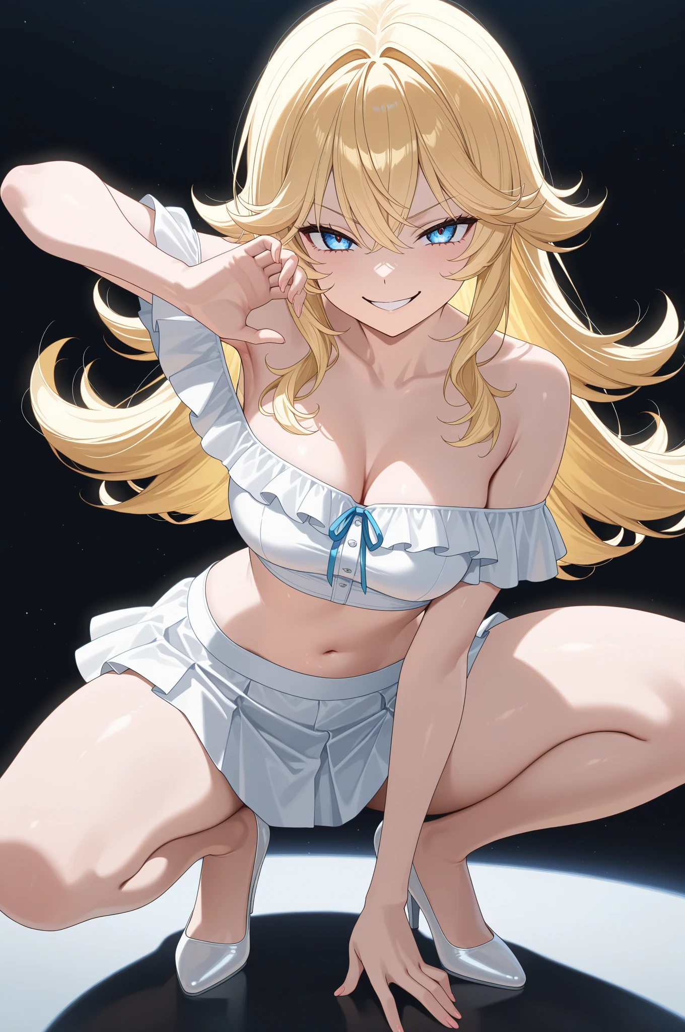 (masterpiece), best quality, 1 solo girl, dark blonde hair, blue eyes, long hair, wavy hair, medium breast, mature body and face, detailed eyes, face and body, open stomach, white bikini, white swim skirt, white sand, beach, beach ball, blue scarf, pendant, bracelet, earring, hair ornaments, jewelry, high definition, high resolution, cowboy shots, sexy pose, dakimakura, 8k, creative, dynamic, vibrant, twintails